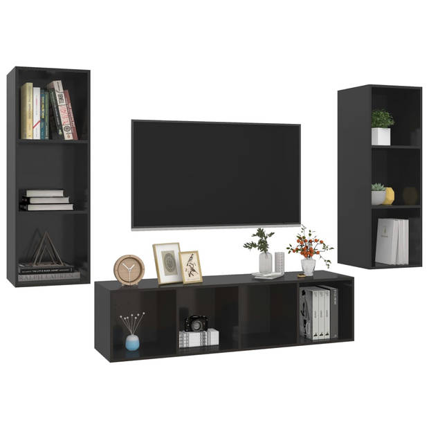 The Living Store Televisiewandmeubelset - Hoogglans zwart - 37 x 37 x 107 cm + 37 x 37 x 142.5 cm