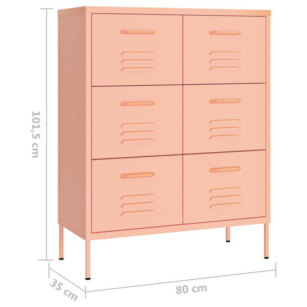 The Living Store Ladekast Staal - 80x35x101.5 cm - 6 lades - Roze