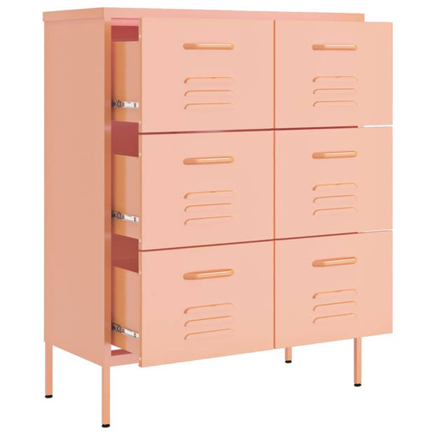 The Living Store Ladekast Staal - 80x35x101.5 cm - 6 lades - Roze