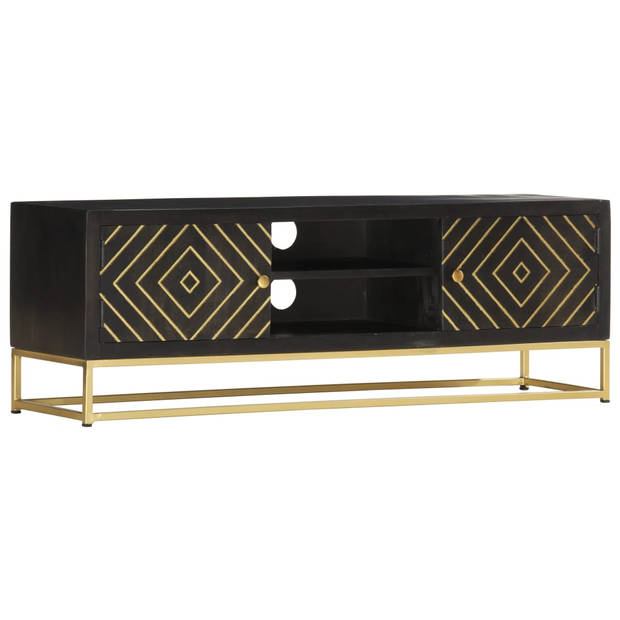 The Living Store Retro Tv-meubel - 120 x 30 x 40 cm - Zwart en Goud - Massief Mangohout en Gepoedercoat Staal