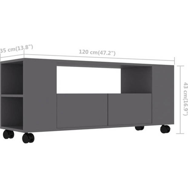 The Living Store Klassiek TV-meubel - 120 x 35 x 48 cm - Bewerkt hout - Grijs - Met 2 lades - zijvakken en open schap