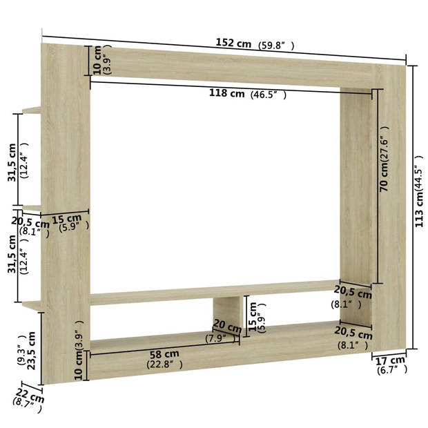 The Living Store TV-meubel - Sonoma Eiken - 152 x 22 x 113 cm - Met 2 open vakken en zijschappen