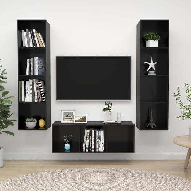 The Living Store TV-meubelset - Wandmontage - 37 x 37 x 107 cm / 142.5 cm - Hoogglans zwart - Spaanplaat