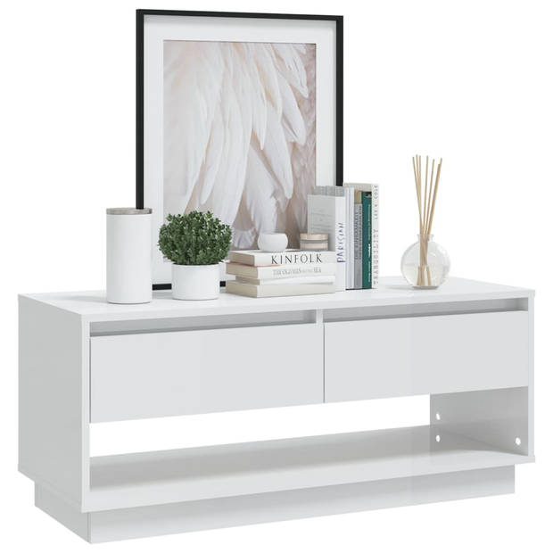 The Living Store TV-meubel - wit hoogglans - 102x41x44 cm - met 2 lades en 1 open vak