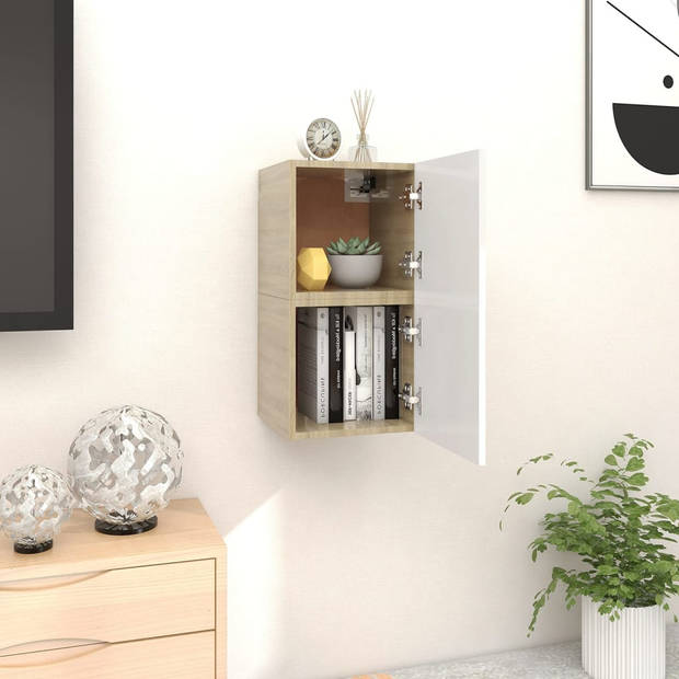 The Living Store Televisiekastenset - wit en sonoma eiken - 30.5 x 30 x 30 cm - deur links/rechts - bewerkt hout