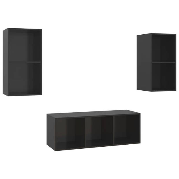 The Living Store Televisiewandmeubelset Black - 3-delig- 37 x 37 x 72 cm - 107 cm - Muurbevestiging - Hoogglans zwart