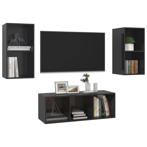 The Living Store Televisiewandmeubelset Black - 3-delig- 37 x 37 x 72 cm - 107 cm - Muurbevestiging - Hoogglans zwart