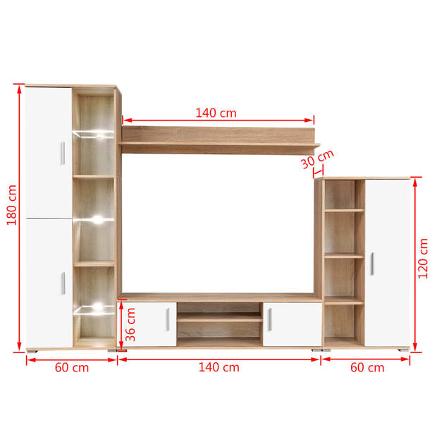 The Living Store Wandmeubel - Wandunit - 260 x 30 x 180 cm - Sonoma eiken/wit - LED