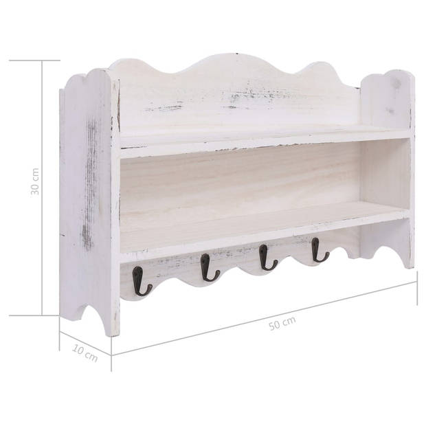 The Living Store Wandkapstok 2 planken 4 haken - 50x10x30 cm - wit hout