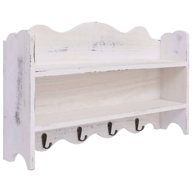 The Living Store Wandkapstok 2 planken 4 haken - 50x10x30 cm - wit hout