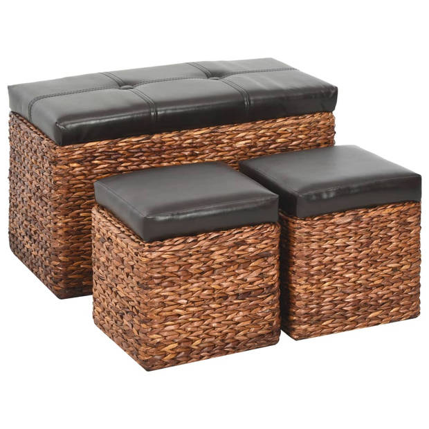 The Living Store Bankstel Zeegras - Bankje 75x38x46cm - Poefs 33x30x36cm - Bruin/Zwart