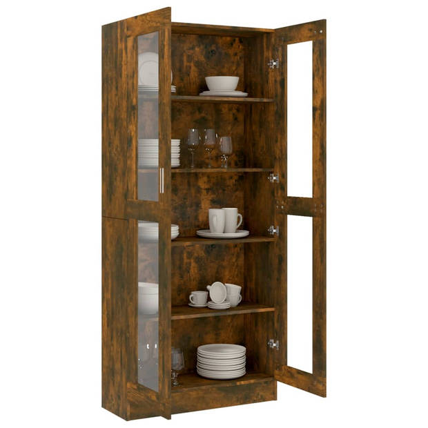 The Living Store Vitrinekast - Gerookt eiken - 82.5 x 30.5 x 185.5 cm - 5 vakken - 2 glazen deuren