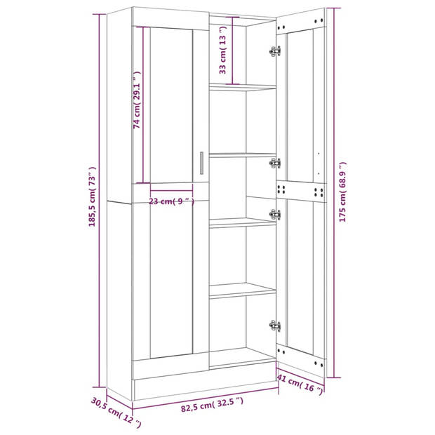 The Living Store Vitrinekast - Gerookt eiken - 82.5 x 30.5 x 185.5 cm - 5 vakken - 2 glazen deuren