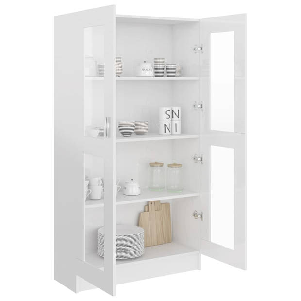 The Living Store Vitrinekast - Hoogglans wit - 82.5 x 30.5 x 150 cm - 4 vakken - 2 deuren