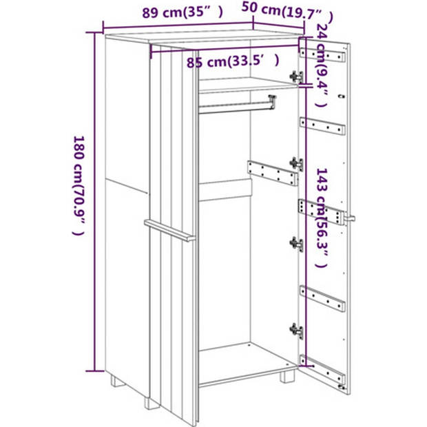 The Living Store HAMAR Garderobe - Massief grenenhout - 89 x 50 x 180 cm - Lichtgrijs