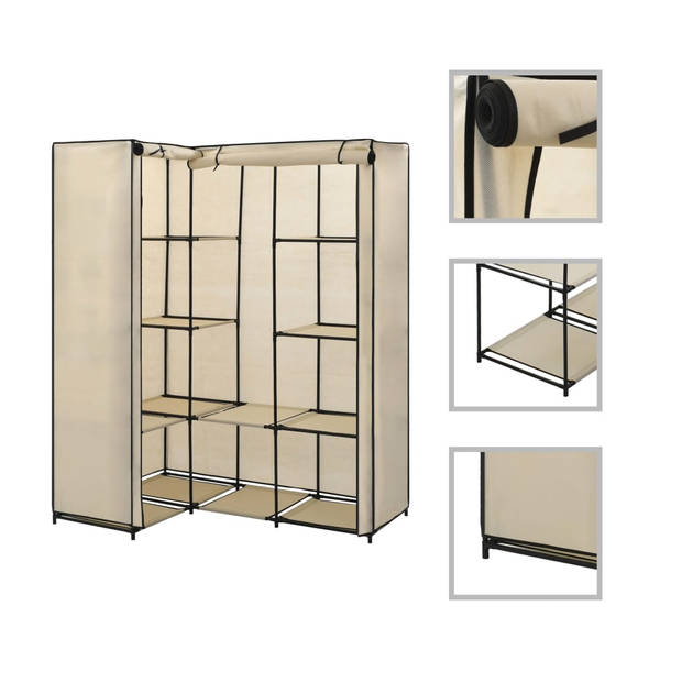 The Living Store Hoekkast Kleding en Schoenen - 130 x 87 x 169 cm - Stevig IJzeren Frame - Crème - 100% Polyester