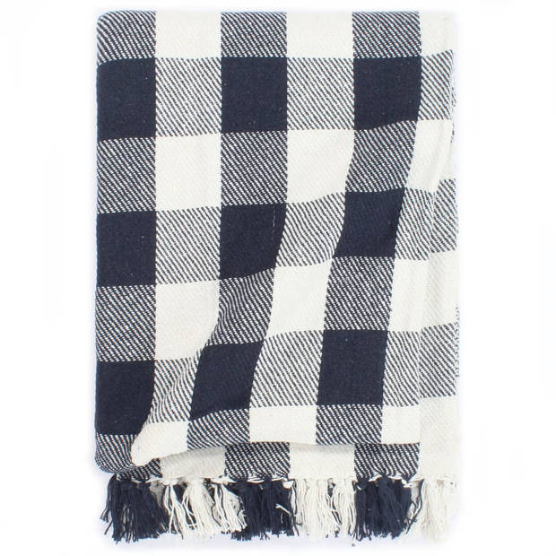 The Living Store Plaid Marineblauw 220 x 250 cm - Gerecycled Katoen - Trendy Design - Kwastjes