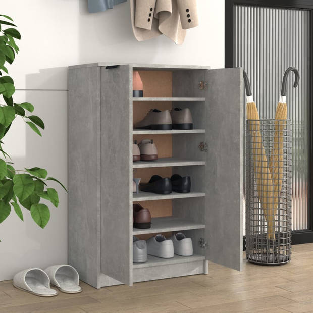 The Living Store Schoenenkast Betongrijs - 59 x 35 x 150 cm - Stevig bewerkt hout - Deuren en schappen - Stabiel blad