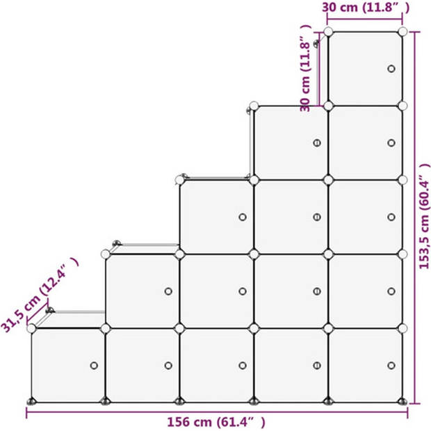 The Living Store Opbergkast - 15 vakken - 156 x 31.5 x 153.5 cm - Zwart - PP en staal