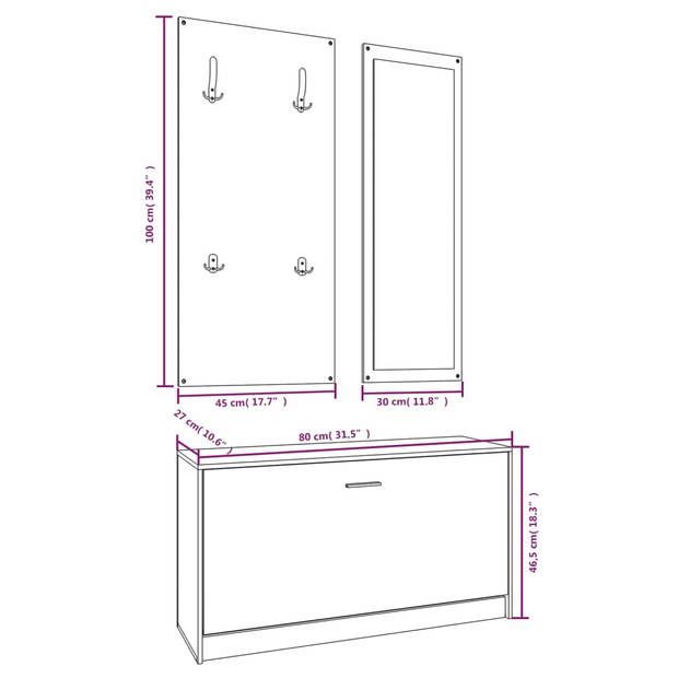 The Living Store Schoenenkast Set - 80x27x46.5cm - Zwart - 3-in-1 - Inclusief Kapstok en Spiegel