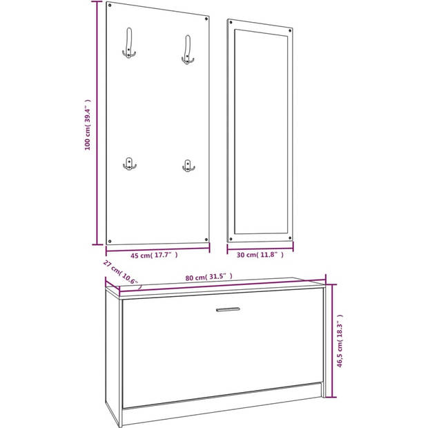 The Living Store Schoenenkast Set - 80x27x46.5cm - Zwart - 3-in-1 - Inclusief Kapstok en Spiegel