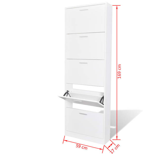 The Living Store Schoenenkast Hout - 5 Opbergvakken - Wit - 59 x 17 x 169 cm - Eenvoudig te monteren