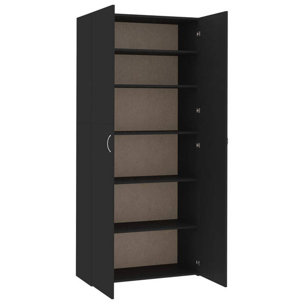 The Living Store Schoenenkast - Hout - 80 x 35.5 x 180 cm - 6 schappen - 2 deuren - Zwart