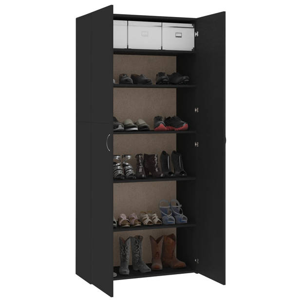 The Living Store Schoenenkast - Hout - 80 x 35.5 x 180 cm - 6 schappen - 2 deuren - Zwart