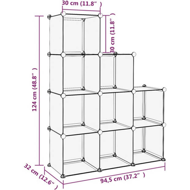 The Living Store Opbergrek - Kunststof - 9 vakken - 94.5 x 32 x 124 cm - Zwart