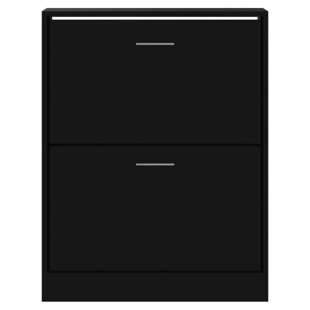 The Living Store Schoenenkast Zwart - 63 x 24 x 81 cm - 2 Lades - Bewerkt Hout