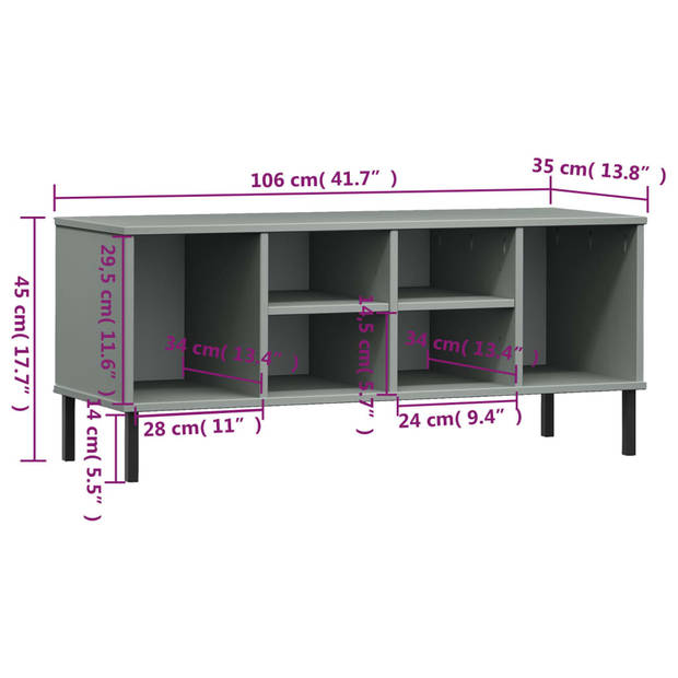 vidaXL Schoenenrek met metalen poten OSLO 106x35x45 cm grenen grijs