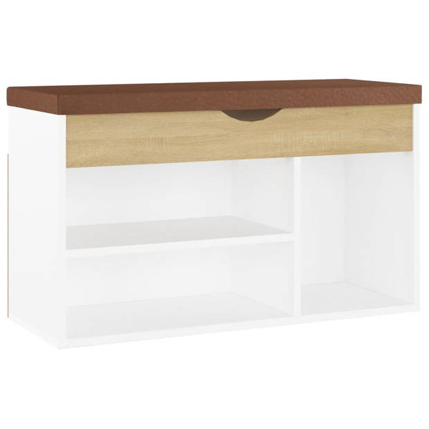 The Living Store Schoenenbank - Wit en Sonoma Eiken - 80x30x47 cm - Opbergbank met Kussen