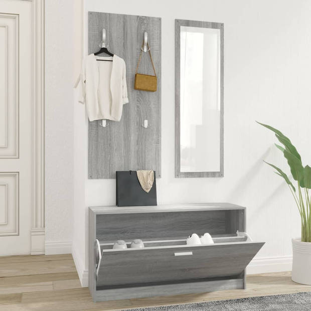 The Living Store Schoenenkast Set - Trendy 3-in-1 - Grijs Sonoma Eiken - 80x27x46.5cm - Met Kapstok en Spiegel