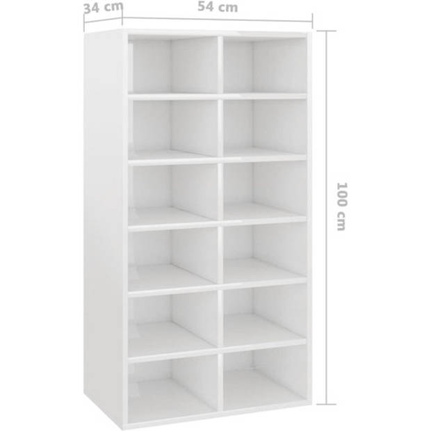 The Living Store Schoenenrek - Hoogglans wit - 54 x 34 x 100.5 cm - Met 12 schappen