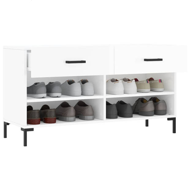 The Living Store Schoenenbank Opbergmeubel - 102 x 35 x 55 cm - Duurzaam hout - Hoogglans wit - 2 lades en 4 planken