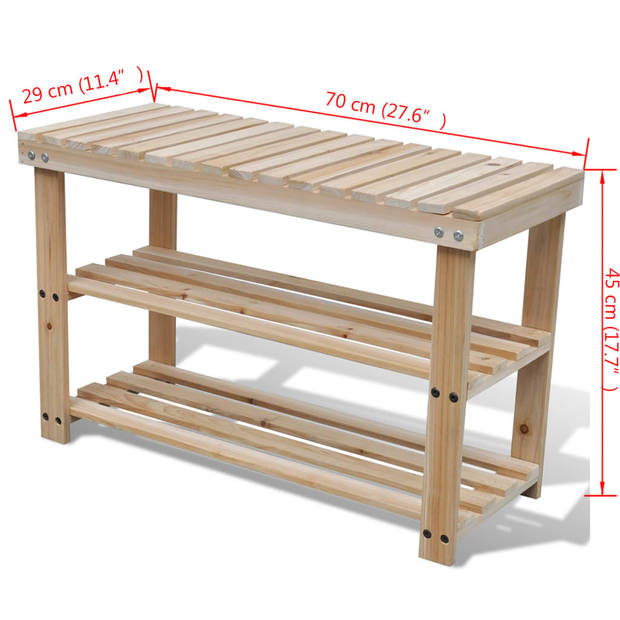 The Living Store Schoenenrek Massief Vurenhout - 70 x 29 x 45 cm - Milieuvriendelijk - 2 Opberglagen