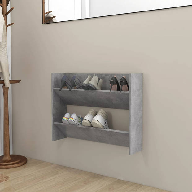 The Living Store Schoenenkast Betongrijs - 80 x 18 x 60 cm - Moderne wandmontage - 2 schuine schappen - Montage vereist