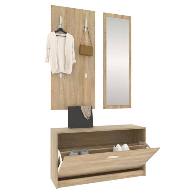 The Living Store Schoenenkast - 3-in-1 Set met Kapstok en Spiegel - Sonoma Eiken - 80 x 27 x 46.5 - Hoge Kwaliteit