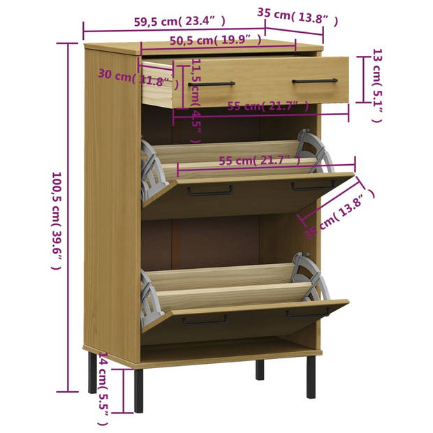 The Living Store OSLO Schoenenkast - 59.5 x 35 x 100.5 cm - Massief grenenhout