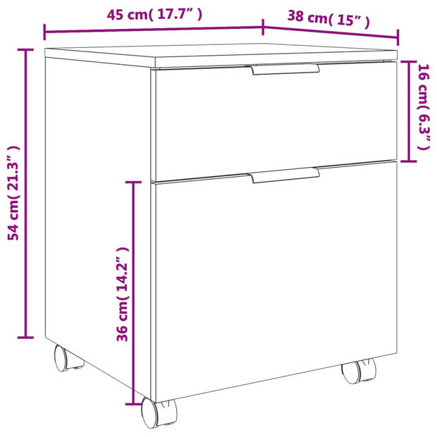 The Living Store Dossierkast op wielen - 45 x 38 x 54 cm - bewerkt hout