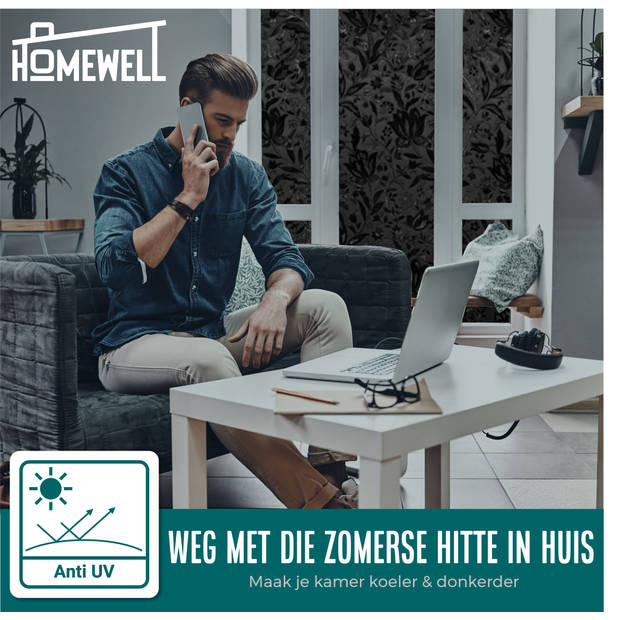 Homewell Verduisteringsdoek 45x200cm - Raamfolie Verduisterend - Anti inkijk - Isolerend - Statisch – Bloemen/Zwart