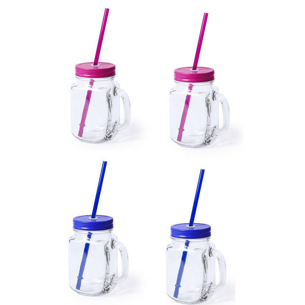 4x stuks drink potjes van glas Mason Jar blauw/roze 500 ml - Drinkbekers