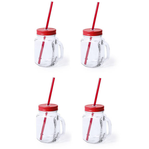 4x stuks Drink potjes van glas Mason Jar rode deksel 500 ml - Drinkbekers