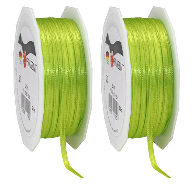 2x Luxe lime groen satijnen lint rollen 0,3 cm x 50 meter cadeaulint verpakkingsmateriaal - Cadeaulinten