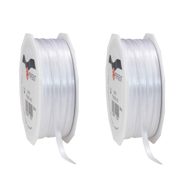 2x Luxe witte satijnen lint rollen 0,3 cm x 50 meter cadeaulint verpakkingsmateriaal - Cadeaulinten