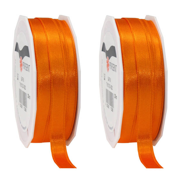 1x Luxe oranje satijnen lint rollen 1 cm x 25 meter cadeaulint verpakkingsmateriaal - Cadeaulinten