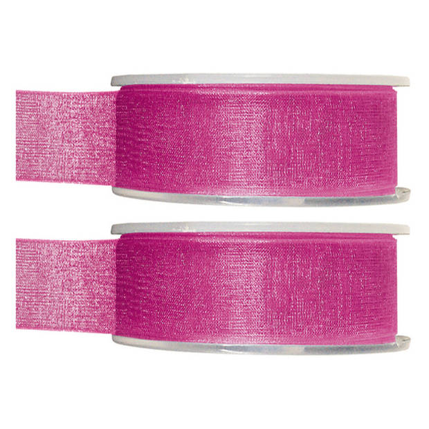 2x Fuchsia roze organzalint rollen 2,5 cm x 20 meter cadeaulint verpakkingsmateriaal - Cadeaulinten