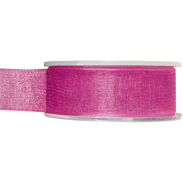 2x Fuchsia roze organzalint rollen 2,5 cm x 20 meter cadeaulint verpakkingsmateriaal - Cadeaulinten