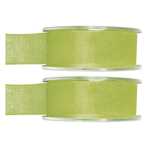 2x Groene organzalint rollen 2,5 cm x 20 meter cadeaulint verpakkingsmateriaal - Cadeaulinten