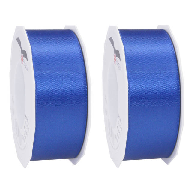 2x Luxe blauwe satijnen lint rollen breed 4 cm x 25 meter cadeaulint verpakkingsmateriaal - Cadeaulinten